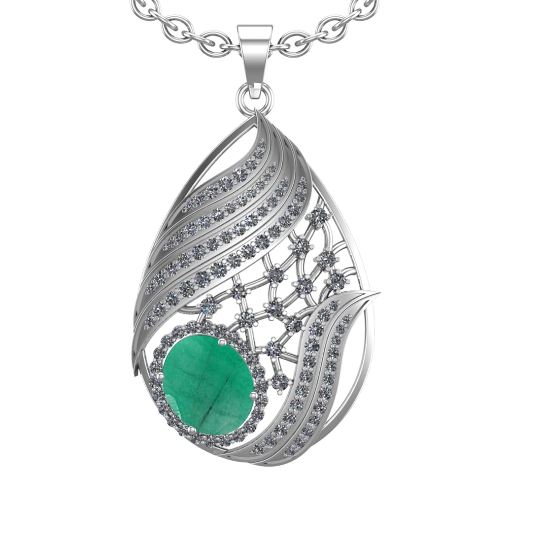6.68 Ctw VS/SI1 Emerald and Diamond 14k White Gold Pendant (ALL DIAMOND ARE: Center Stone Weight :-4.80 Ctw ( Oval cut) Center Stone Color :-Emerald Setting : Prong Side Diamond Weight Of Ctw 1.88 Ctw Color : J-K Clarity : VS/SI1 Stone Setting : Prong Metal Weight : Approx 12.