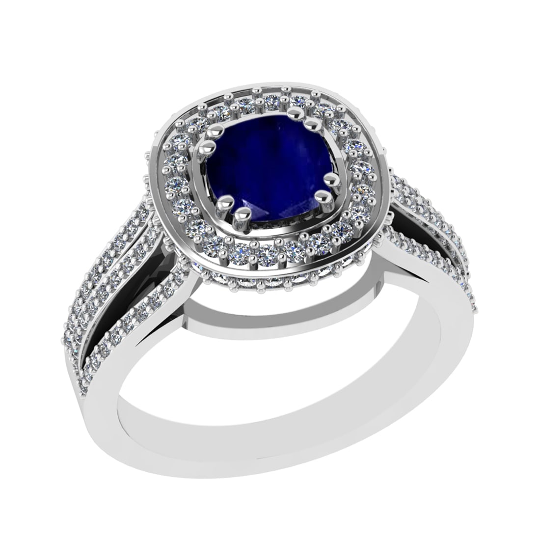 1.81 Ctw VS/SI1 Blue Sapphire and Diamond 14k White Gold Engagement Halo Ri: Center Stone Weight :- 1.00 Ctw ( Cushion Cut) Color :- Blue Sapphire Center Stone Setting : Prong Side Diamond Weight Of Ctw 0.81 Ctw Color : G-H Clarity : VS/SI1 Stone Setting : Prong Metal Weight :