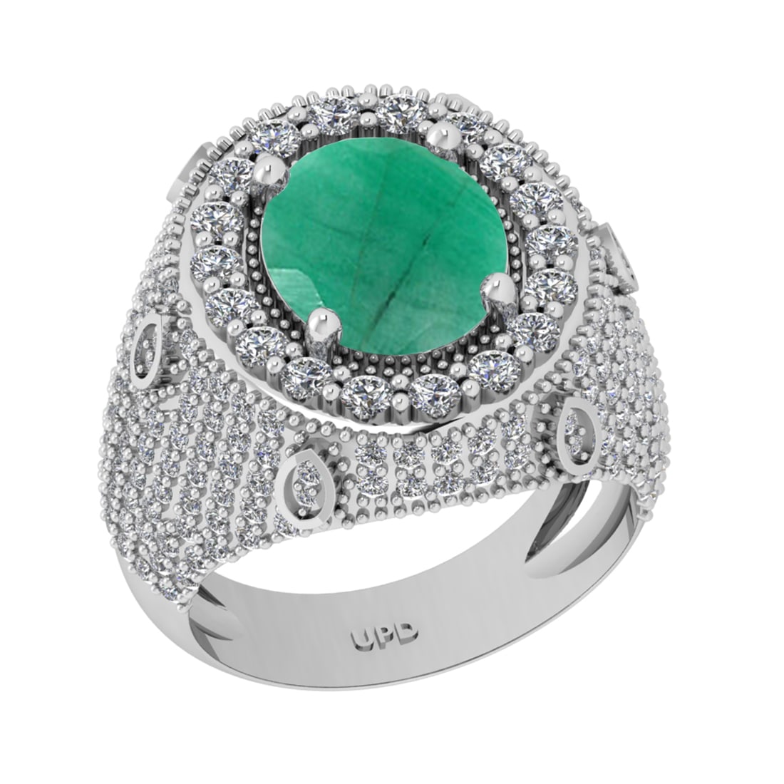7.00 Ctw VS/SI1 Emerald And Diamond 14K White Gold Engagement Ring: Center Stone Weight : 5.10 Ctw ( Oval Cut ) Center Stone Color : Emerald Stone Setting : Prong Side Diamond Weight Of Ctw1.90 Ctw Side Stone Color : G-H Stone Clarity : VS/SI1 Stone Setting : Prong Me