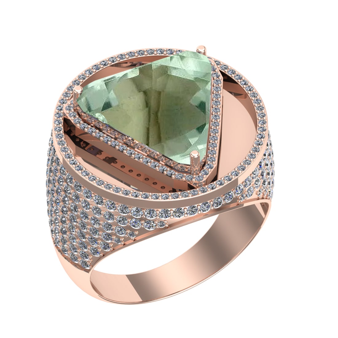 16.55 Ctw VS/SI1 Green Amethyst and Diamond 14K Rose Gold Engagement Ring (: Color Stone Weight : 13.15 Ctw ( Trillion Cut) Stone Color :- Green Amethyst Center Stone Setting : Prong Side Weight Of Ctw 3.40 Ctw Color : J-K Clarity : VS/SI1 Stone Setting : Prong Metal Weight :