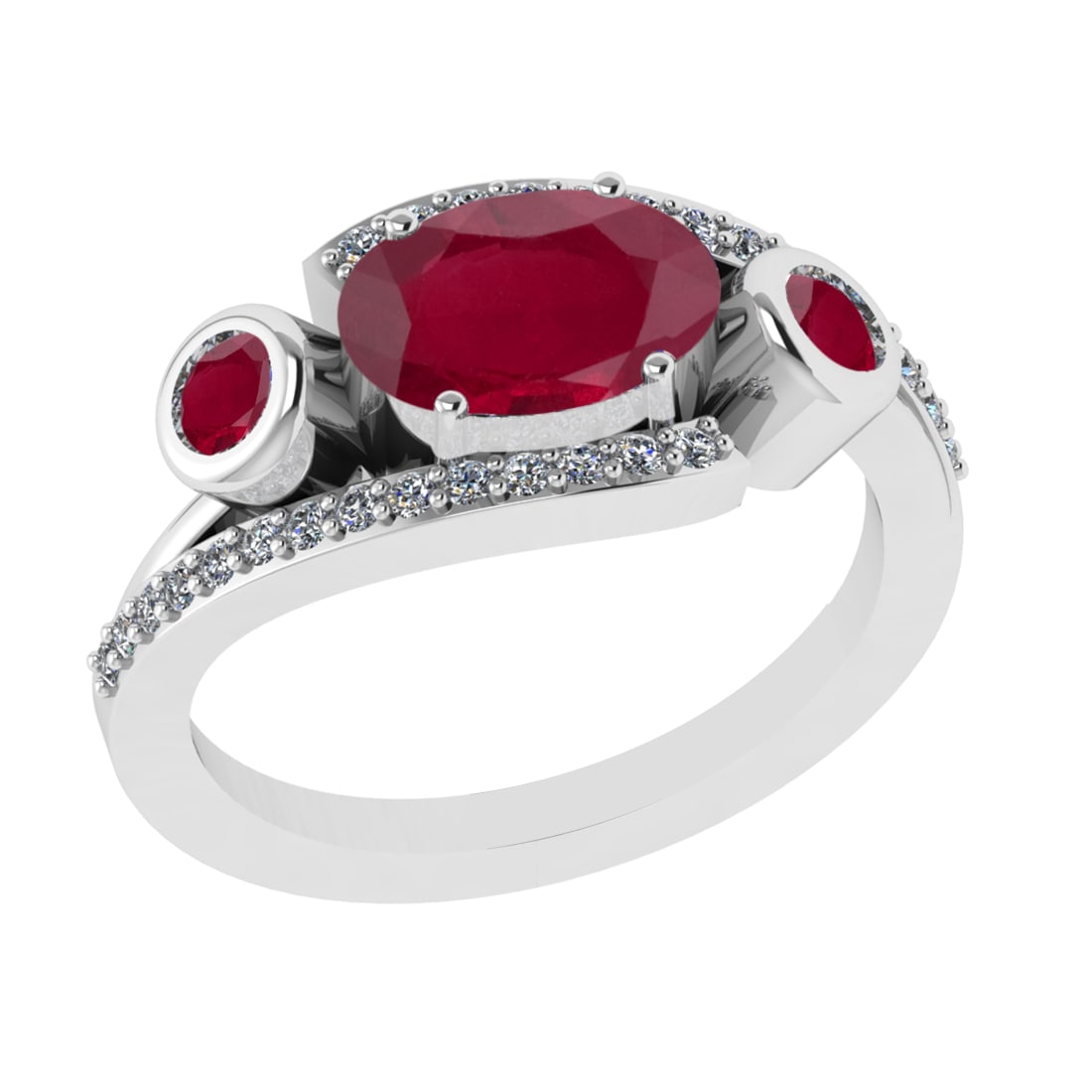 2.94 Ctw VS/SI1 Ruby and Diamond 14k white Gold Engagement Ring (ALL DIAMON: Center Stone Weight :-2.70 Ctw ( Oval & Round Cut) Center Stone Color :-Ruby Center Stone Setting : Prong Side Diamond Weight Of Ctw 0.24 Ctw Color : G-H Clarity : VS/SI1 Daimond Setting : Prong Metal