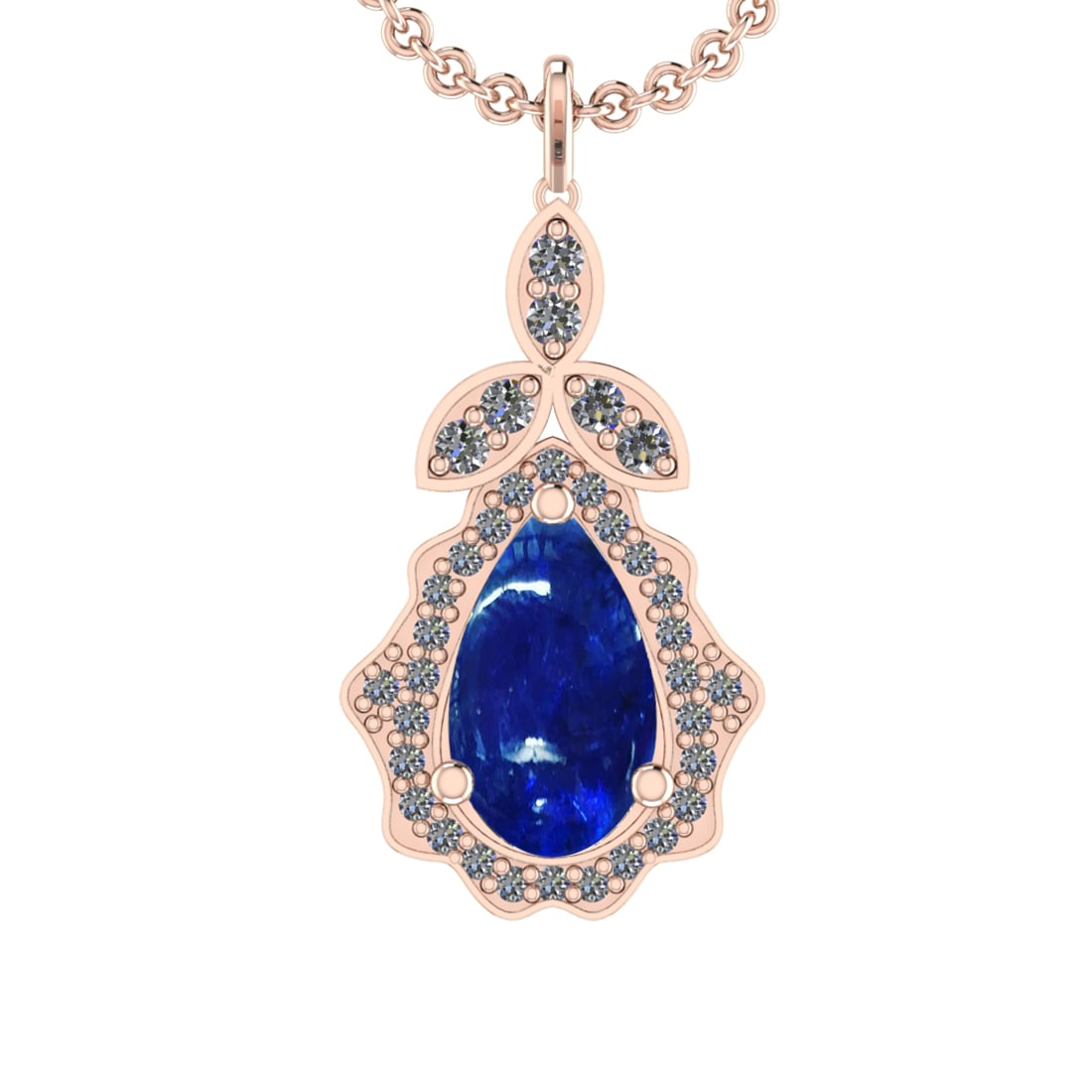 19.12 Ctw VS/SI1 Tanzanite and Diamond 14K Rose Gold Pendant: Center Stone Weight : 17.08 Ctw ( Pear Cut) Center Stone Color :-Tanzanite Setting : Prong Side Weight Of Ctw 2.04 Ctw Color : J-K Clarity :VS/SI1 Stone Setting : Prong Metal Weight : Approx 12.90 gra