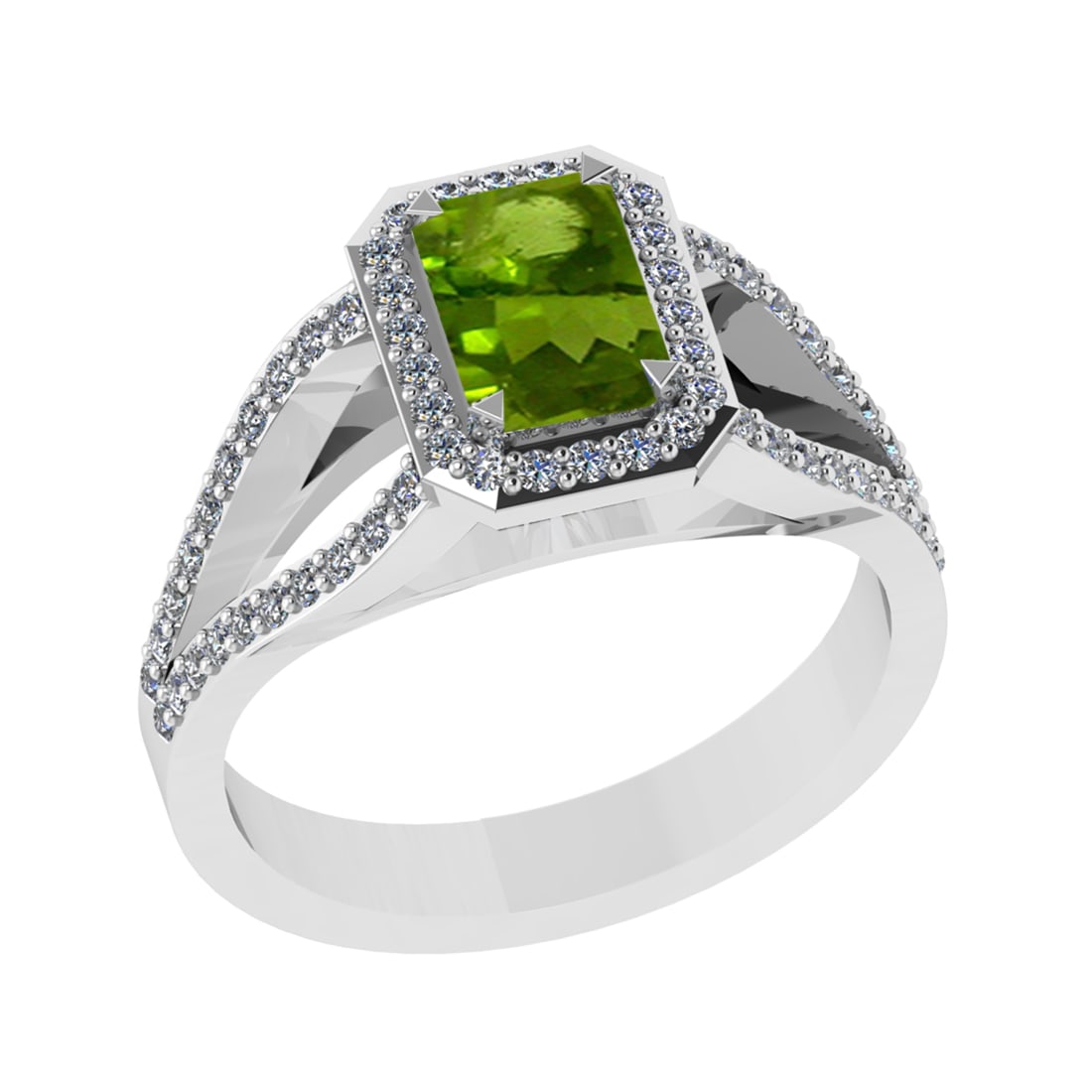1.43 Ctw VS/SI1 Peridot and Diamond Set 10K white Gold Engagement Ring (ALL: Center Stone Weight :-1.00 Ctw ( Emerald Cut) Center Stone Color :-Peridot Center Stone Setting : Prong Side Diamond Weight Of Ctw 0.43 Ctw Color : J-K Clarity : VS/SI1 Daimond Setting : Prong Metal W