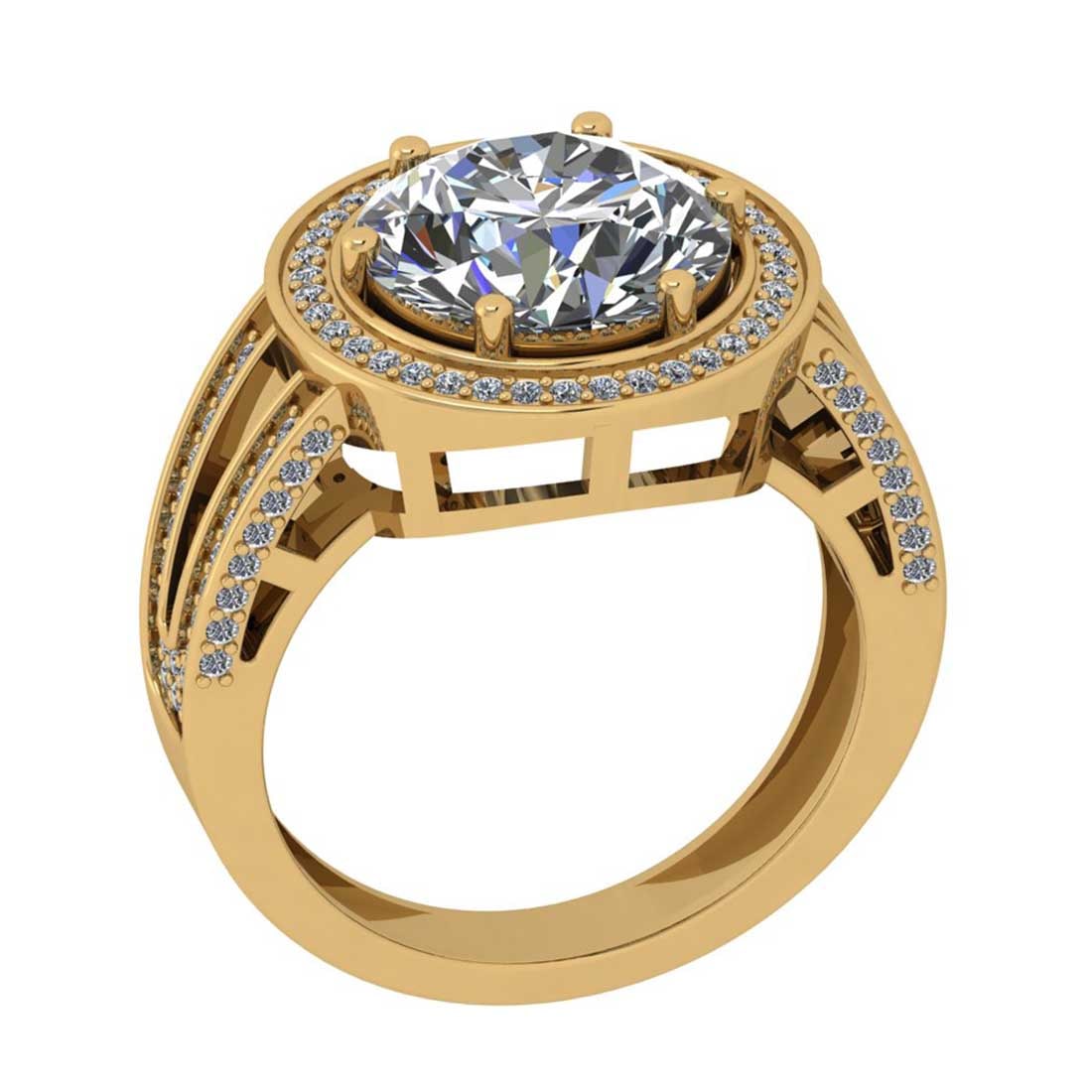 5.07 Ctw SI2/I1 Diamond Style Prong Set 18K Yellow Gold Engagement Halo Rin: Center Diamond Weight : 3.50 Ctw ( Round Cut) Center Diamond Color : G-H Center Stone Setting : Prong Center Stone Clarity : SI2/I1 Side Stone Weight Of Ctw 0.57 Ctw Side Stone Color : G-H Stone Clari