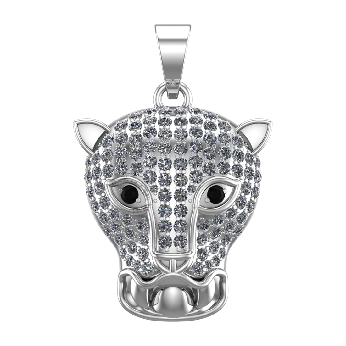 3.55 Ctw SI2/SI1 Diamond Prong Set 14k white Gold Tiger Theme Pandant: Eye Stone Weight :- 0.14 ctw Eye Stone Color :- Treated Fancy Black Diamond Total Daimond Weight :-3.41 Ctw Color : G-H Clarity : SI2/SI1 Setting : Prong Metal Weight : Approx 14.25 gram 14k White Gol