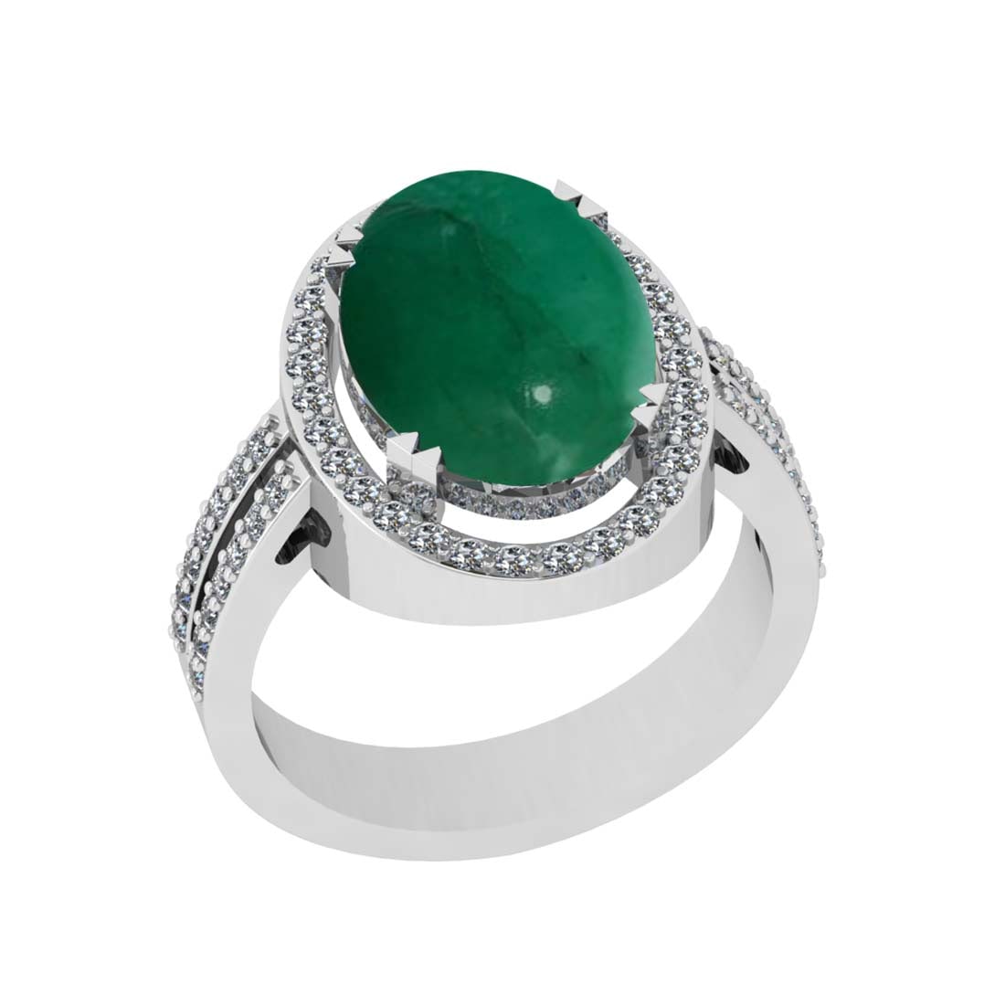 5.80 Ctw VS/SI1 Emerald and Diamond Prong Set 14k White Gold Engagement Rin: Center Stone Weight :-5.22 Ctw ( Oval Cab ) Center Stone Color :-Emerald Center Stone Setting : Prong Side Diamond Weight Of Ctw :- 0.58 Ctw Color : J-K Clarity : VS/SI1 Daimond Setting : Prong Metal