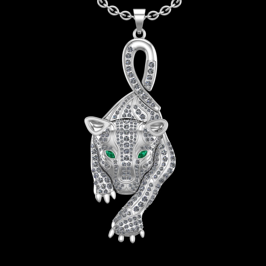 3.80 Ctw VS/SI1 Diamond Prong Set 18K White Gold Animal theme Lion Necklace: Eye stone weight :-0.30 ctw Eye stone Color :- Emerald ( Marquise cut ) Total Diamond Weight : 3.50 Ctw (Round cut) Center Diamond Color :- G-H Center Clarity : VS/SI1 Stone Setting : Prong Metal Weig