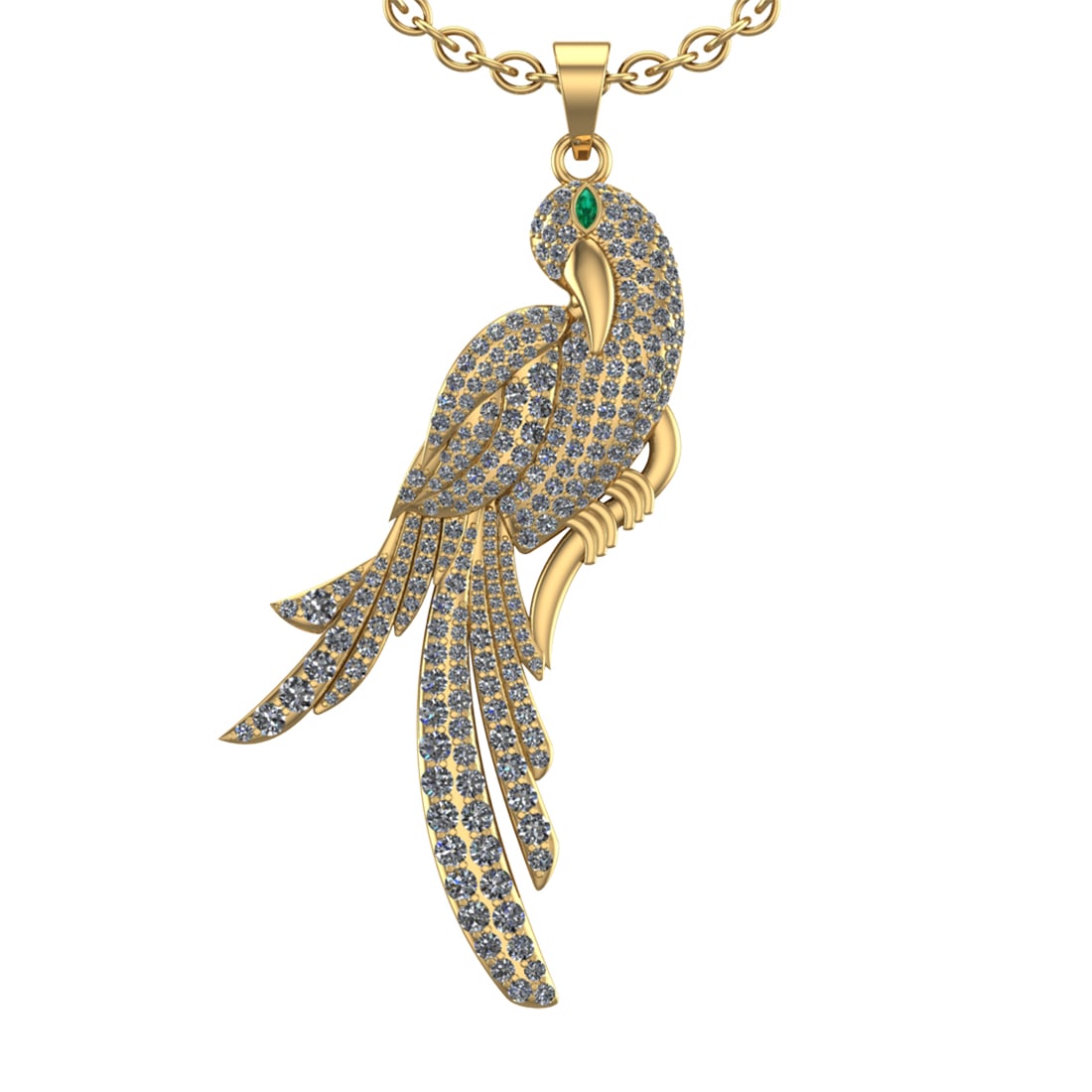 3.65 Ctw SI2/SI1 Diamond 14k Yellow Gold Bird theme Pendant (ALL DIAMOND AR: Eye stone Weight :- 0.14 ctw (Marquise cut) Eye Stone Color :- Emerald Total Diamond Weight :-3.51 Ctw (Round cut) Color :- G-H Clarity : SI2/SI1 Setting : Prong Metal Weight : Approx 18.90 gram 14k Y