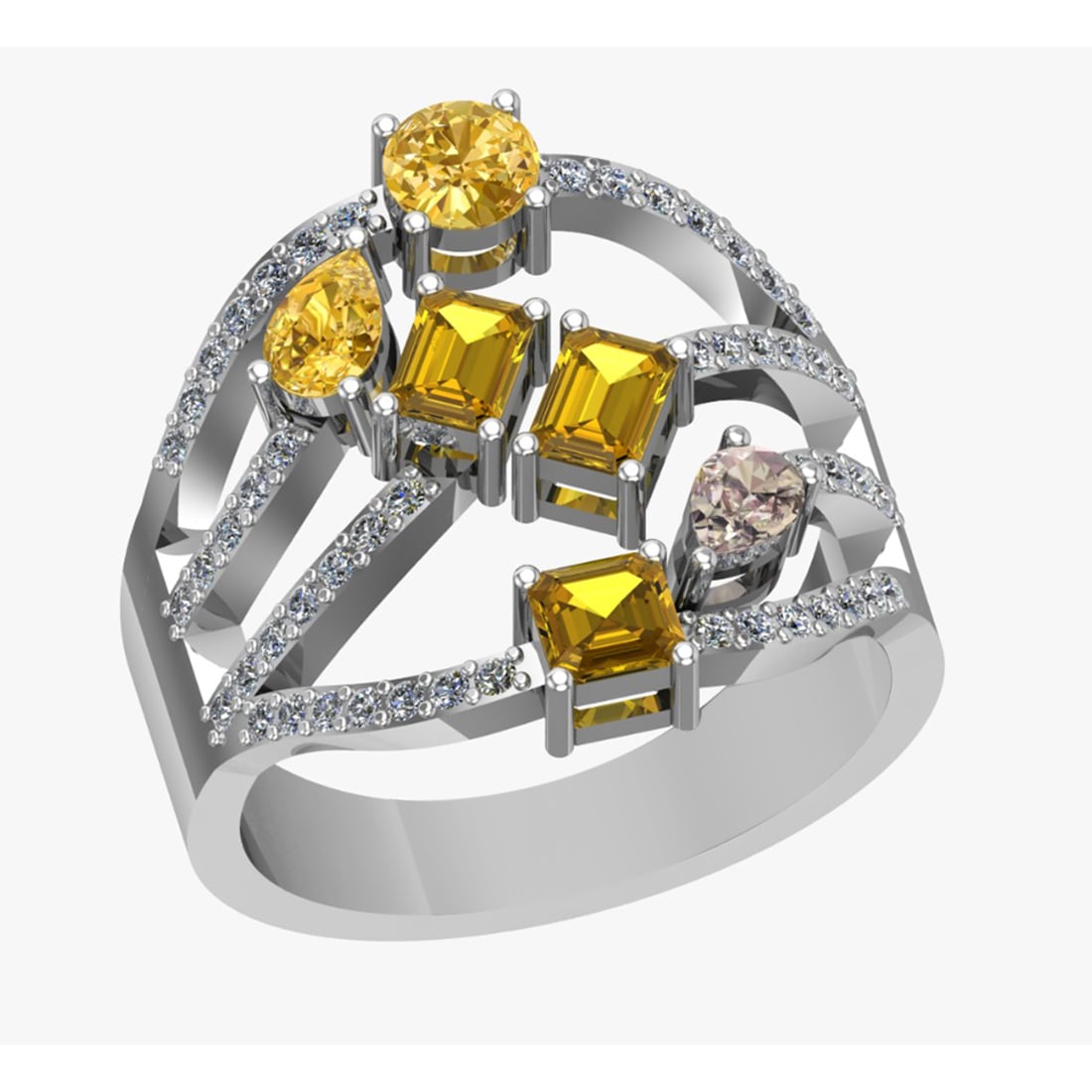 2.21 Ctw VS/SI1 Fancy Natural Yellow Brown and white Diamond 14K White Gold: Center Diamond Weight :- 1.80 Ctw ( Pear,Emerald Cut ) Color :- VS/SI1 Fancy NaturalYellow Brown Diamond Stone Setting : Prong Side Diamond Weight Of Ctw 0..41 Ctw Side Stone Color : J-K Stone Clarity