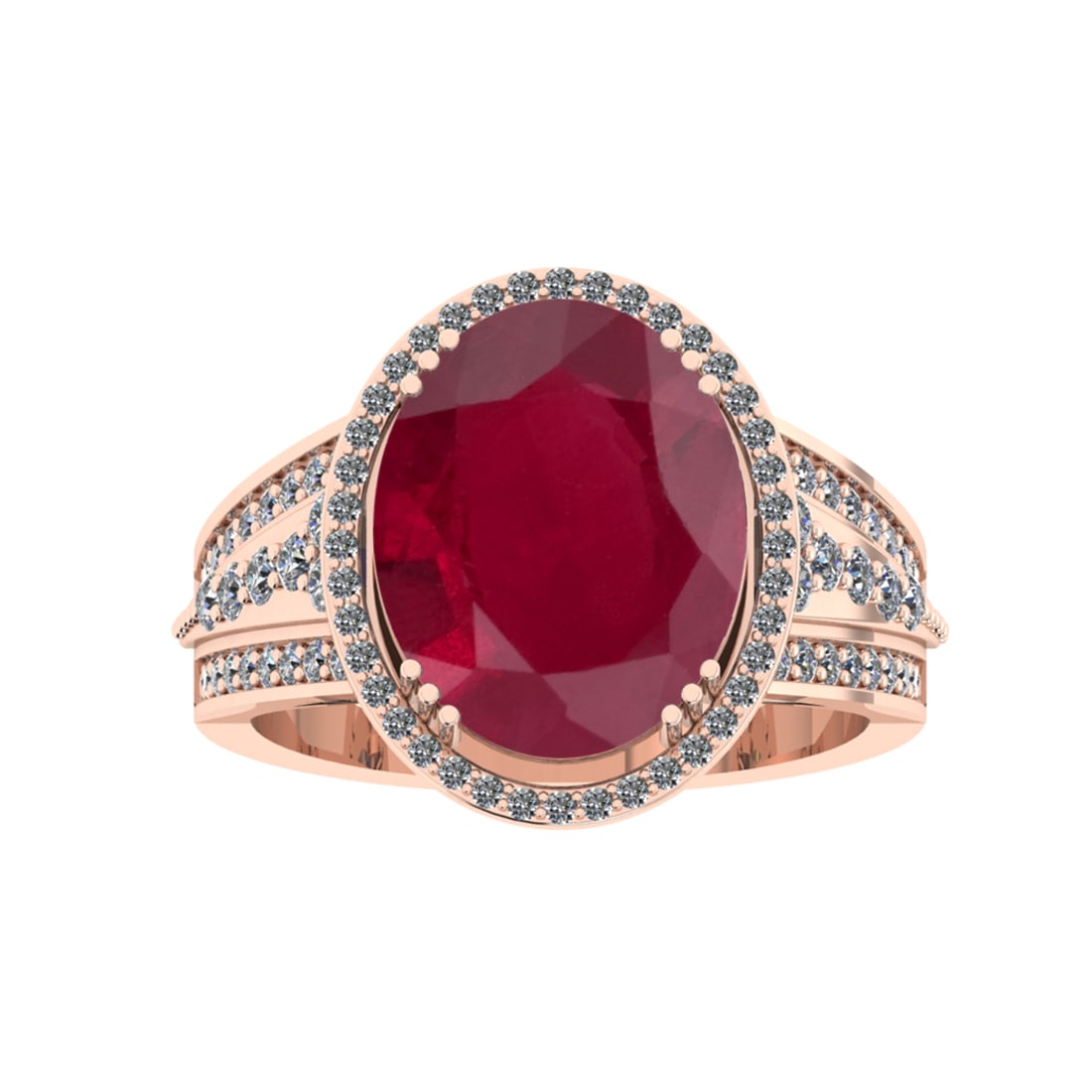 5.60 Ctw VS/SI1 Ruby And Diamond 14k Rose Gold Engagement Ring (ALL DIAMOND: Center Stone Weight : 5.00 Ctw ( Oval Cut ) Center Stone Color : Ruby Stone Setting : Prong Side Diamond Weight Of Ctw 0.60 Ctw Side Stone Color : G-H Stone Clarity : VS/SI1 Stone Setting : Prong Meta