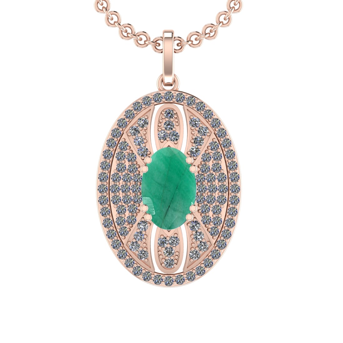 5.15 Ctw VS/SI1 Emerald and Diamond 14K Rose Gold Pendant (ALL DIAMOND ARE: Center Stone Weight :-3.50 Ctw ( Oval Cut) Color :- Emerald Setting : Prong Side Diamond Weight Of Ctw 1.65 Ctw Color : J-K Clarity : VS/SI1 Stone Setting : Prong Metal Weight : Approx 10.50 gram 14K
