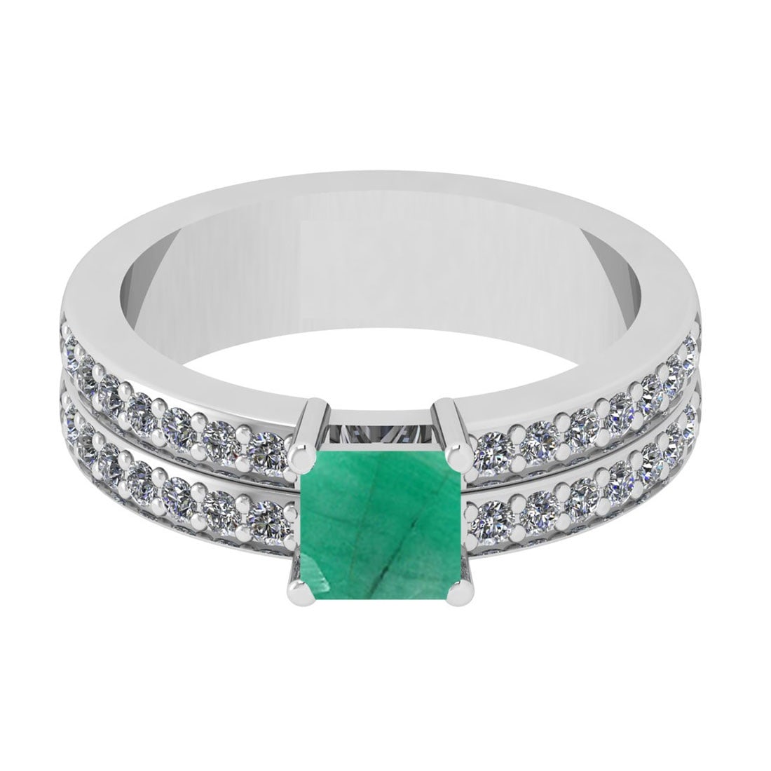 1.10 Ctw VS/SI1 Emerald And Diamond 14K White Gold Cocktail Ring: Center Stone Weight : 0.70 Ctw (Cushion Cut )Center Stone Color : Emerald Stone Setting : Prong Side Stone Weight Of Ctw 0.40 Ctw Side Stone Color : J-K Stone Clarity : VS/SI1 Stone Setting : Prong Me