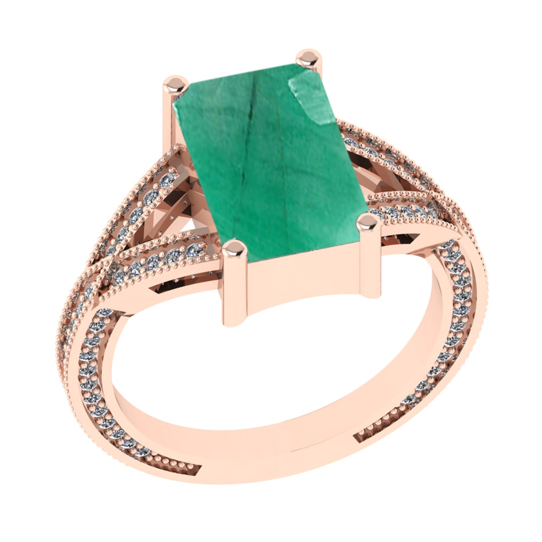 2.95 Ctw VS/SI1 Emerald and Diamond 14k Rose Gold Engagement Ring (LAB GROW: Center Stone Weight :- 2.50 Ctw ( Emerald Cut) Color :- Emerald Center Stone Setting : Prong Side Diamond Weight Of Ctw 0.45 Ctw Color : G-H Clarity : VS/SI1 Stone Setting : Prong Metal Weight : Appro