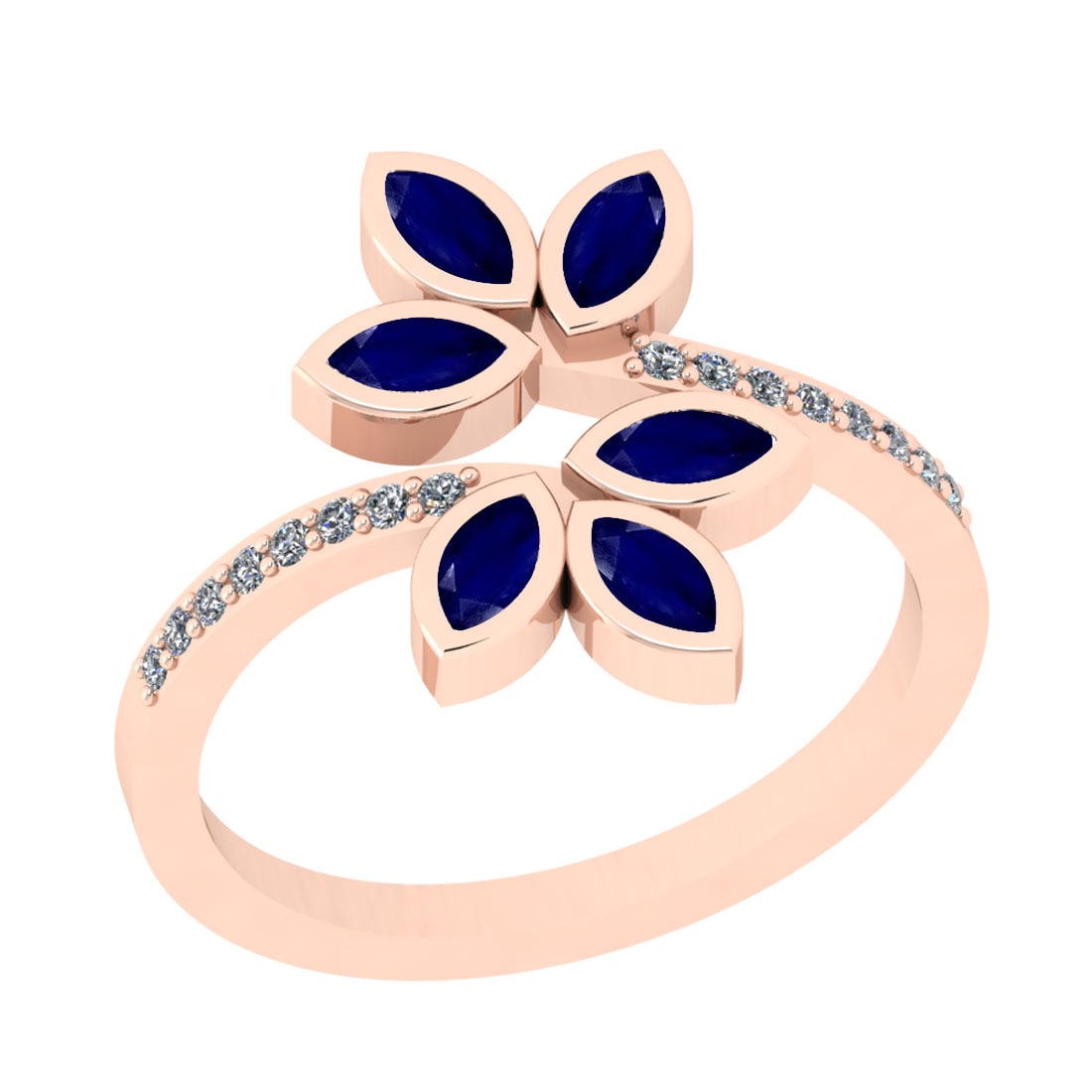 0.72 Ctw VS/SI1 Blue Sapphire And Diamond 14K Rose Gold Bypass Ring: Center Stone Weight : 0.60 Ctw (Marquise Cut) Center Stone Color : Blue Sapphire Stone Setting : Prong Side Stone Weight Of Ctw 0.12 Ctw Side Stone Color : J-K Stone Clarity : VS/SI1 Stone Setting : P