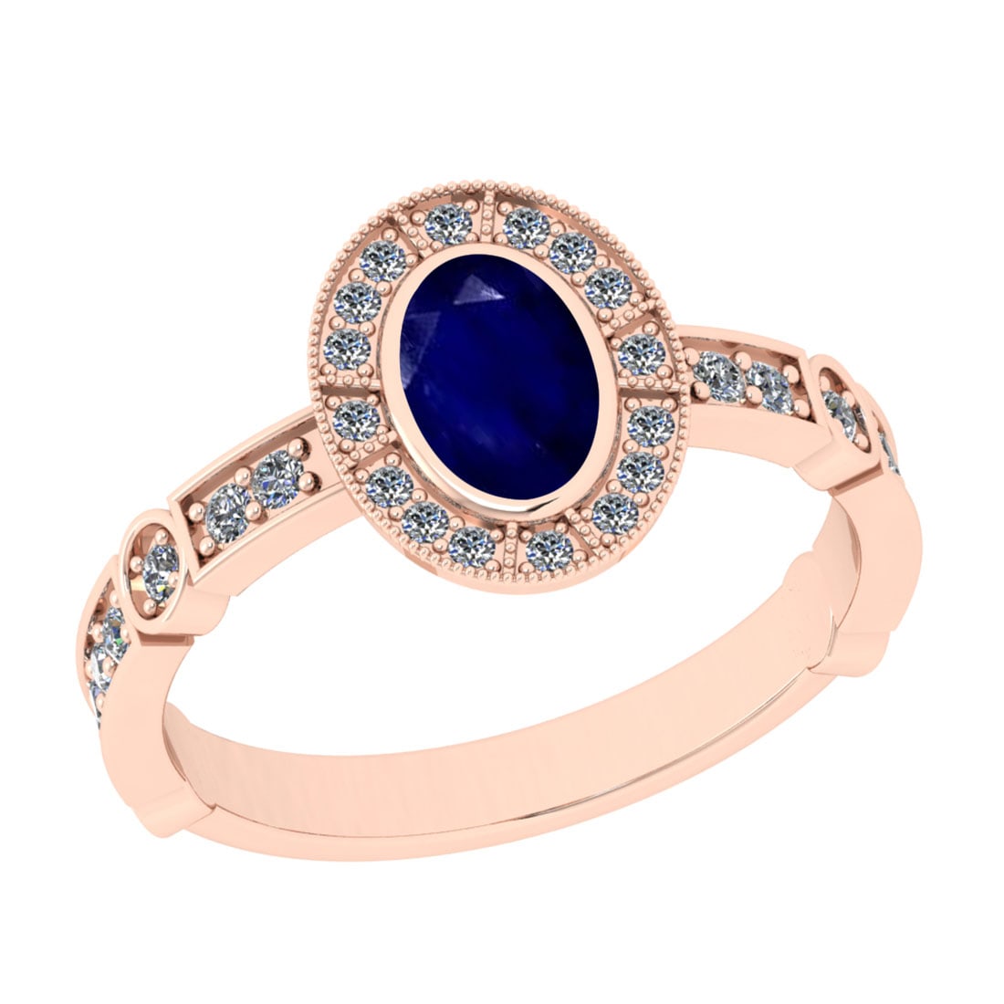 1.07 Ctw VS/SI1 Blue Sapphire And Diamond 14K Rose Gold Wedding Ring: Center Stone Weight : 0.75 Ctw (Oval Cut) Center Stone Color : Blue Sapphire Stone Setting : Prong Side Stone Weight Of Ctw 0.32 Ctw Side Stone Color : J-K Stone Clarity : VS/SI1 Stone Setting : Prong
