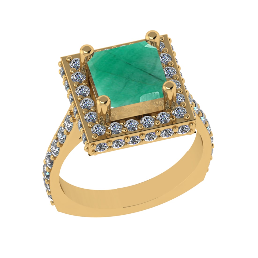 3.21 Ctw VS/SI1 Emerald And Diamond 14k Yellow Gold Engagement Ring (ALL DI: Center Stone Weight : 1.80 Ctw ( Cushion Cut ) Center Stone Color : Emerald Stone Setting : Prong Side Diamond Weight Of Ctw 1.41 Ctw Side Stone Color : G-H Stone Clarity : VS/SI1 Stone Setting : Pron