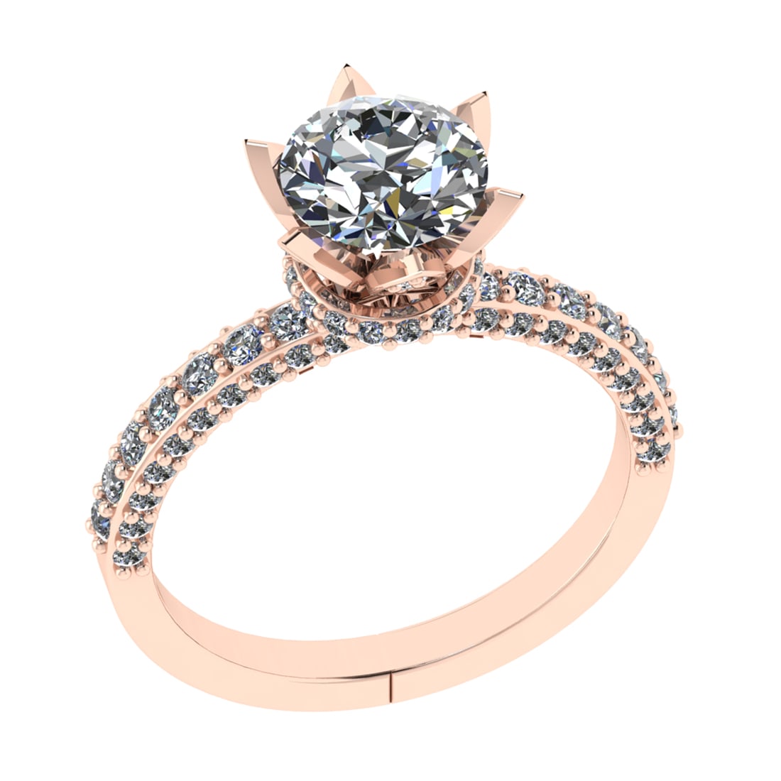 2.17 Ctw VS/SI1 Diamond Prong Set 14k Rose Gold Engagement Ring: Center Daimond Weight :-1.30 Ctw ( Round Cut) Color : G-H Clarity : VS/SI1 Side Diamond Weight Of Ctw 0.87 Ctw Color : G-H Clarity : VS/SI1 Daimond Setting : Prong Metal Weight : Approx 3.86 gram 14k