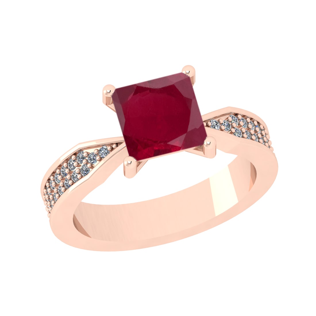 1.58 Ctw VS/SI1 Rubyand Diamond Prong Set 14k Rose Gold Engagement Ring: Center Stone Weight :-1.30 Ctw ( Princess Cut ) Center Stone Color :-Ruby Center Stone Setting : Prong Side Diamond Weight Of Ctw :- 0.28 Ctw Color : J-K Clarity : VS/SI1 Daimond Setting : Prong Metal