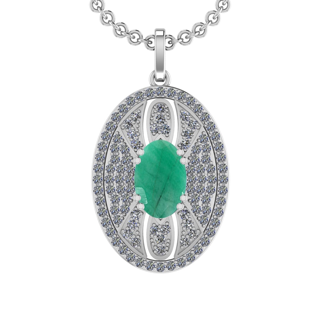 5.15 Ctw VS/SI1 Emerald and Diamond 14K White Gold Pendant (ALL DIAMOND ARE: Center Stone Weight :-3.50 Ctw ( Oval Cut) Color :- Emerald Setting : Prong Side Diamond Weight Of Ctw 1.65 Ctw Color : J-K Clarity : VS/SI1 Stone Setting : Prong Metal Weight : Approx 10.50 gram 14K