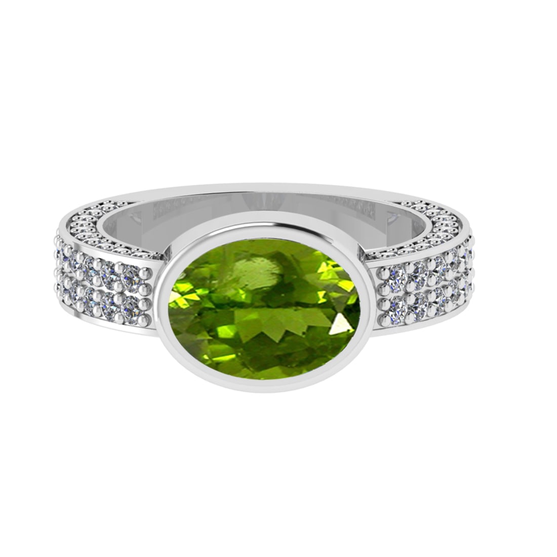 2.96 Ctw VS/SI1 Peridot and Diamond Set 10K white Gold Engagement Ring (ALL: Center Stone Weight :-2.00 Ctw ( Oval Cut) Center Stone Color :-Peridot Center Stone Setting : Prong Side Diamond Weight Of Ctw 0.96 Ctw Color : J-K Clarity : VS/SI1 Daimond Setting : Prong Metal Weig