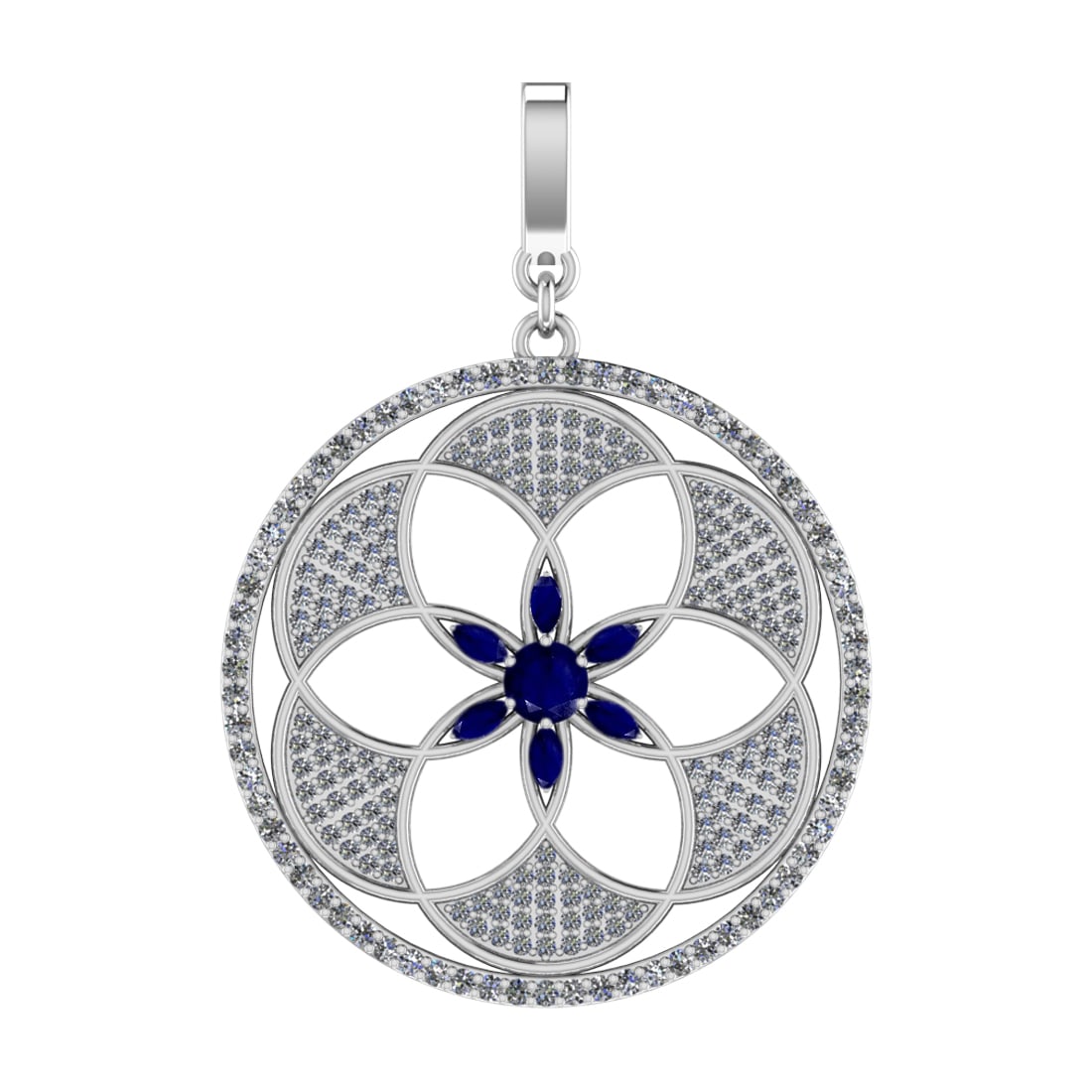 4.22 Ctw VS/SI1 Blue Sapphire and Diamond Prong Set 14k white Gold Pendant: Center Stone Weight :-1.10 Ctw ( Marquise & Round Cut ) Center Stone Color :-Blue Sapphire Center Stone Setting : Prong Side Diamond Weight Of Ctw :- 3.12 Ctw Color : J-K Clarity : VS/SI1 Daimond Sett