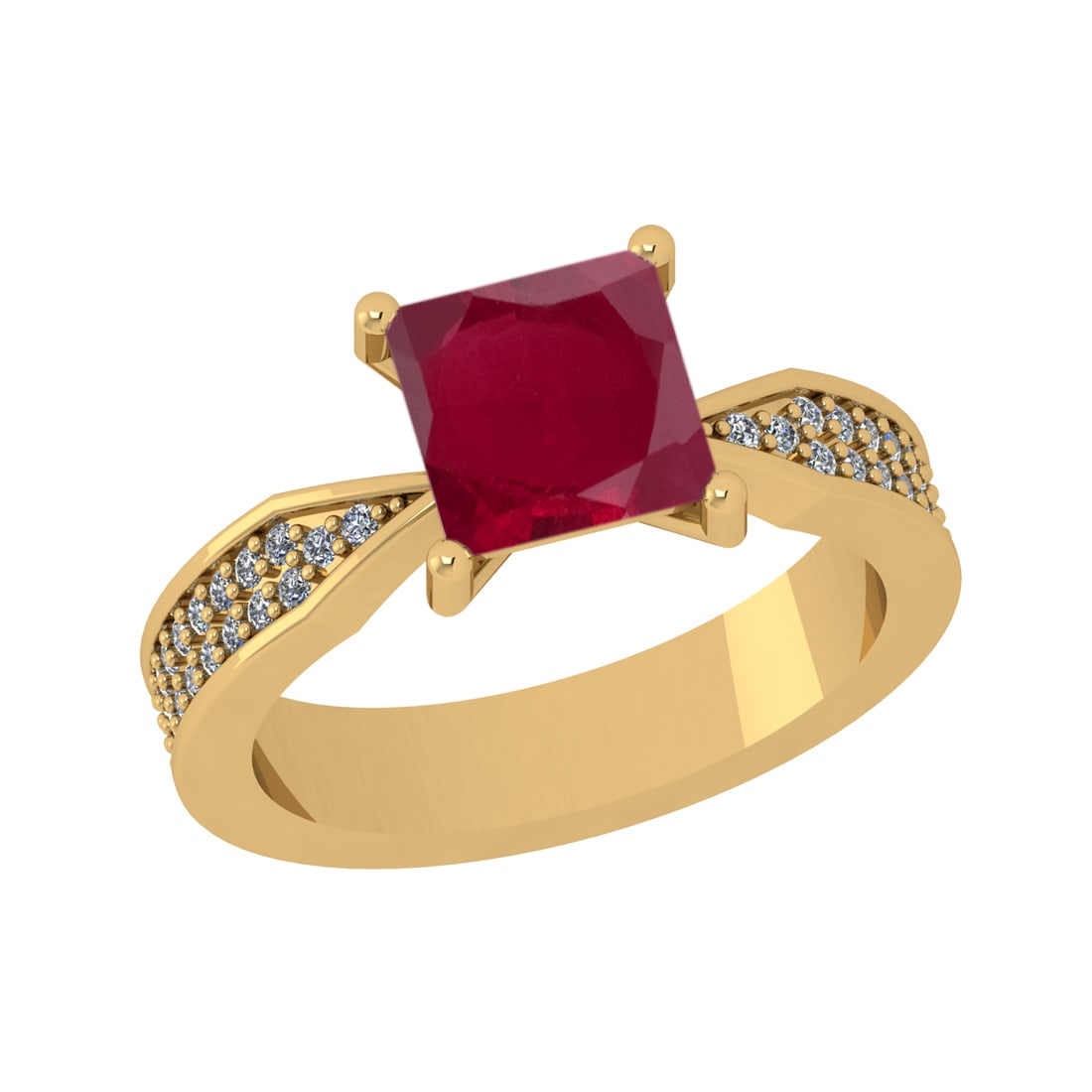 1.58 Ctw VS/SI1 Rubyand Diamond Prong Set 14k Yellow Gold Engagement Ring: Center Stone Weight :-1.30 Ctw ( Princess Cut ) Center Stone Color :-Ruby Center Stone Setting : Prong Side Diamond Weight Of Ctw :- 0.28 Ctw Color : J-K Clarity : VS/SI1 Daimond Setting : Prong Metal