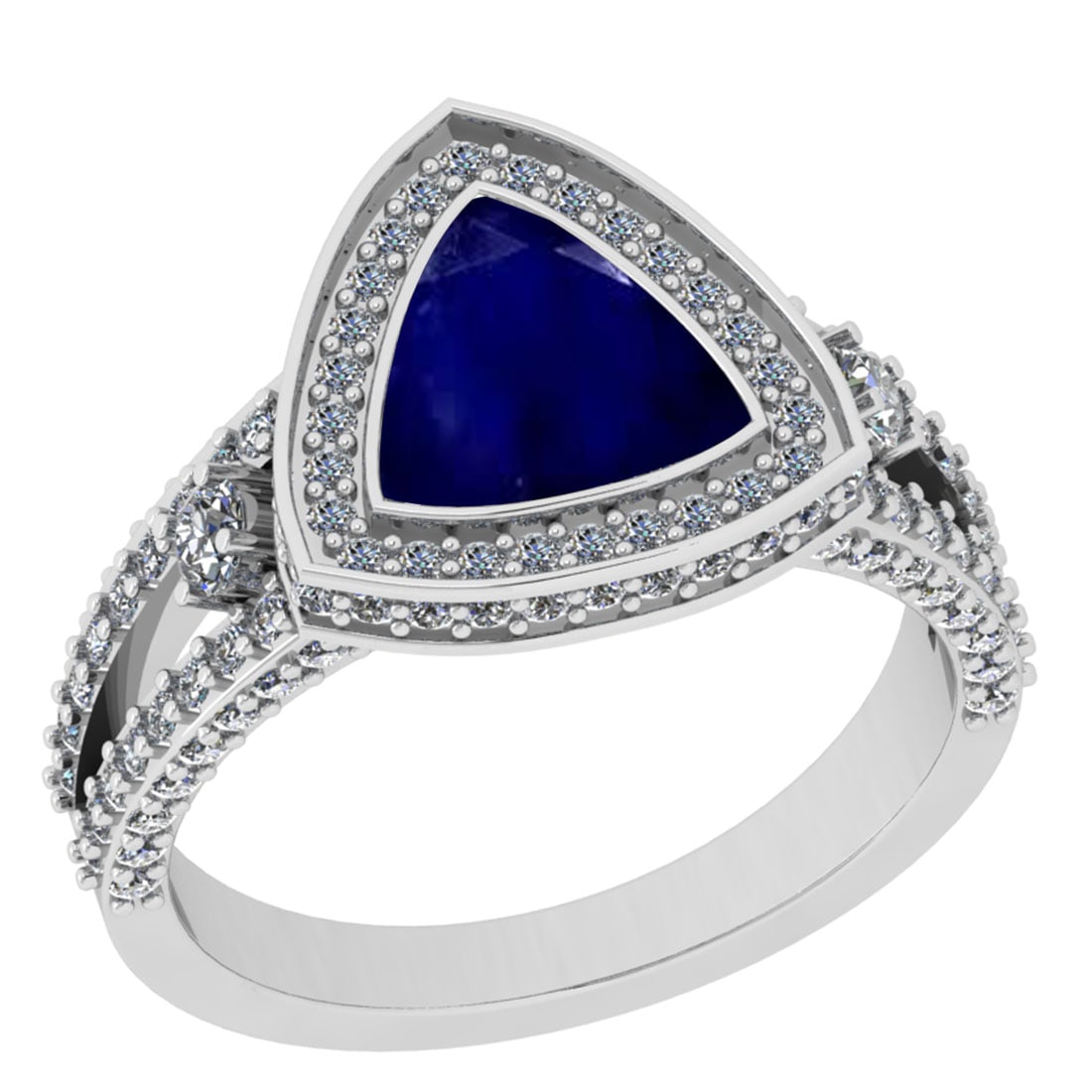 2.99 Ctw VS/SI1 Blue Sapphire And Diamond 14K White Gold Cocktail Ring: Center Stone Weight : 2.00 Ctw (Trillion Cut) Center Stone Color : Blue Sapphire Stone Setting : Prong Side Stone Weight Of Ctw 0.99 Ctw Side Stone Color : J-K Stone Clarity : VS/SI1 Stone Setting : P