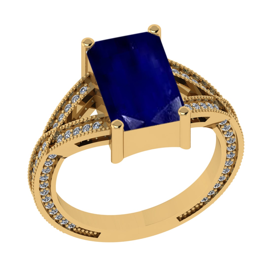 2.95 Ctw VS/SI1 Blue Sapphire and Diamond 14k Yellow Gold Engagement Ring (: Center Stone Weight :- 2.50 Ctw ( Emerald Cut) Color :- Blue Sapphire Center Stone Setting : Prong Side Diamond Weight Of Ctw 0.45 Ctw Color : G-H Clarity : VS/SI1 Stone Setting : Prong Metal Weight :