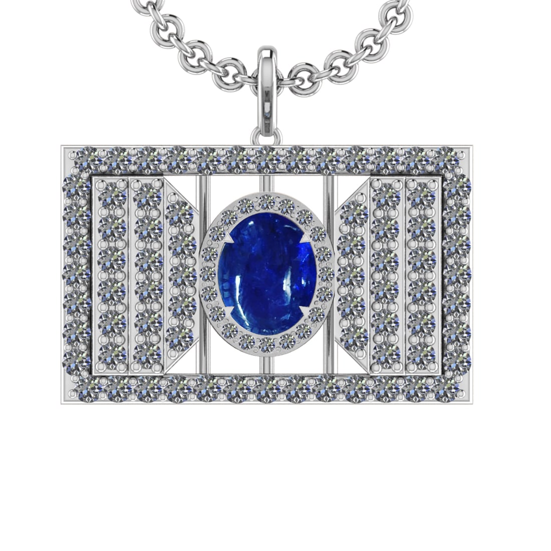 42.90 Ctw VS/SI1 Tanzanite and Diamond 14K White Gold Pendant: Center Stone Weight : 21.95 Ctw ( Oval Cab) Center Stone Color :-Tanzanite Setting : Prong Side Weight Of Ctw 20.50 Ctw Color : J-K Clarity :VS/SI1 Stone Setting : Prong Metal Weight : Approx 15.80
