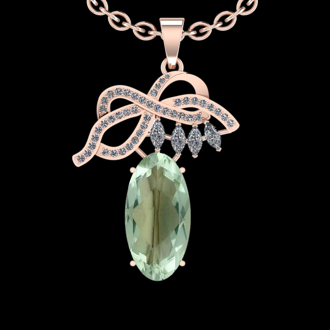 16.99 Ctw VS/SI1 Green Amethyst And Diamond 14K Rose Gold Necklace( ALL DIA: Center Stone Weight : 15.95 Ctw ( Oval Cut ) Center Stone Color : Green Amethyst Stone Setting : Prong Side Diamond Weight Of Ctw 1.04 Ctw Side Stone Color : J-K Stone Clarity : VS/SI1 Stone Setting :