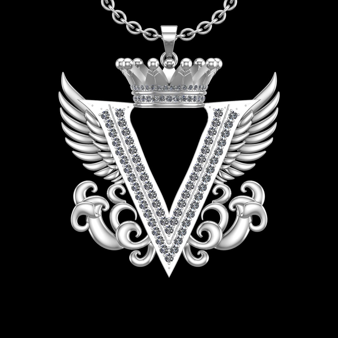 4.25 Ctw VS/SI1 Diamond Prong Set 18K White Gold Letter theme ( V) Necklace: Total Diamond Weight : 4.25 Ctw (Round cut) Center Diamond Color :- G-H Center Clarity : VS/SI1 Stone Setting : Prong Metal Weight : Approx 29.80 Gram 18K White Gold Letter theme ( V) Necklace (ALL DI