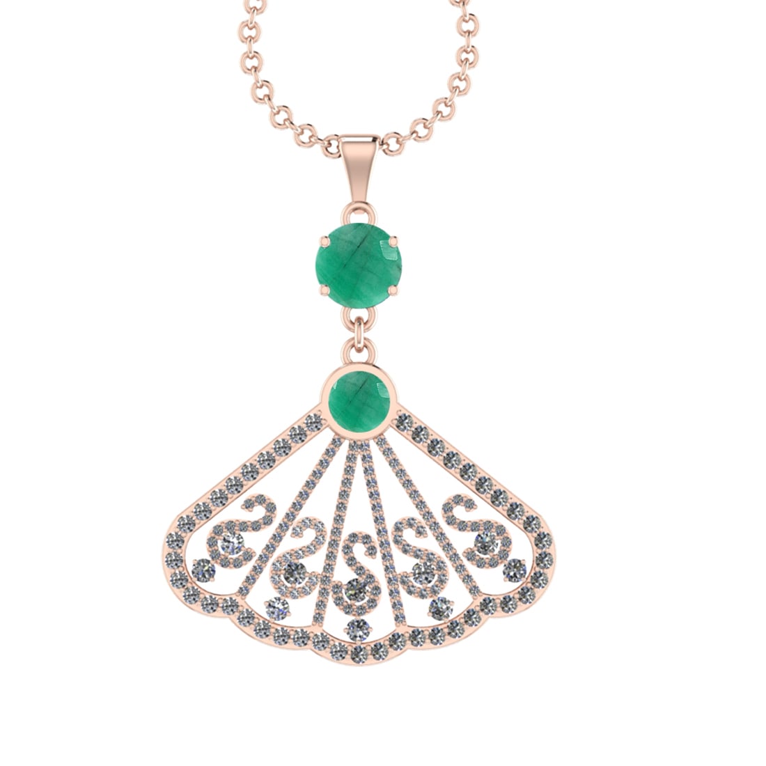 3.33 Ctw VS/SI1 Emerald and Diamond14K Rose Gold Necklace (ALL DIAMOND ARE: Center Stone Weight : 1.75 Ctw (2pec Round Cut) Center Stone Color :-Emerald Center Stone Setting : Prong Side Diamond Weight Of Ctw 1.58 Ctw Color : J-K Clarity : VS/SI1 Stone Setting : Prong Metal