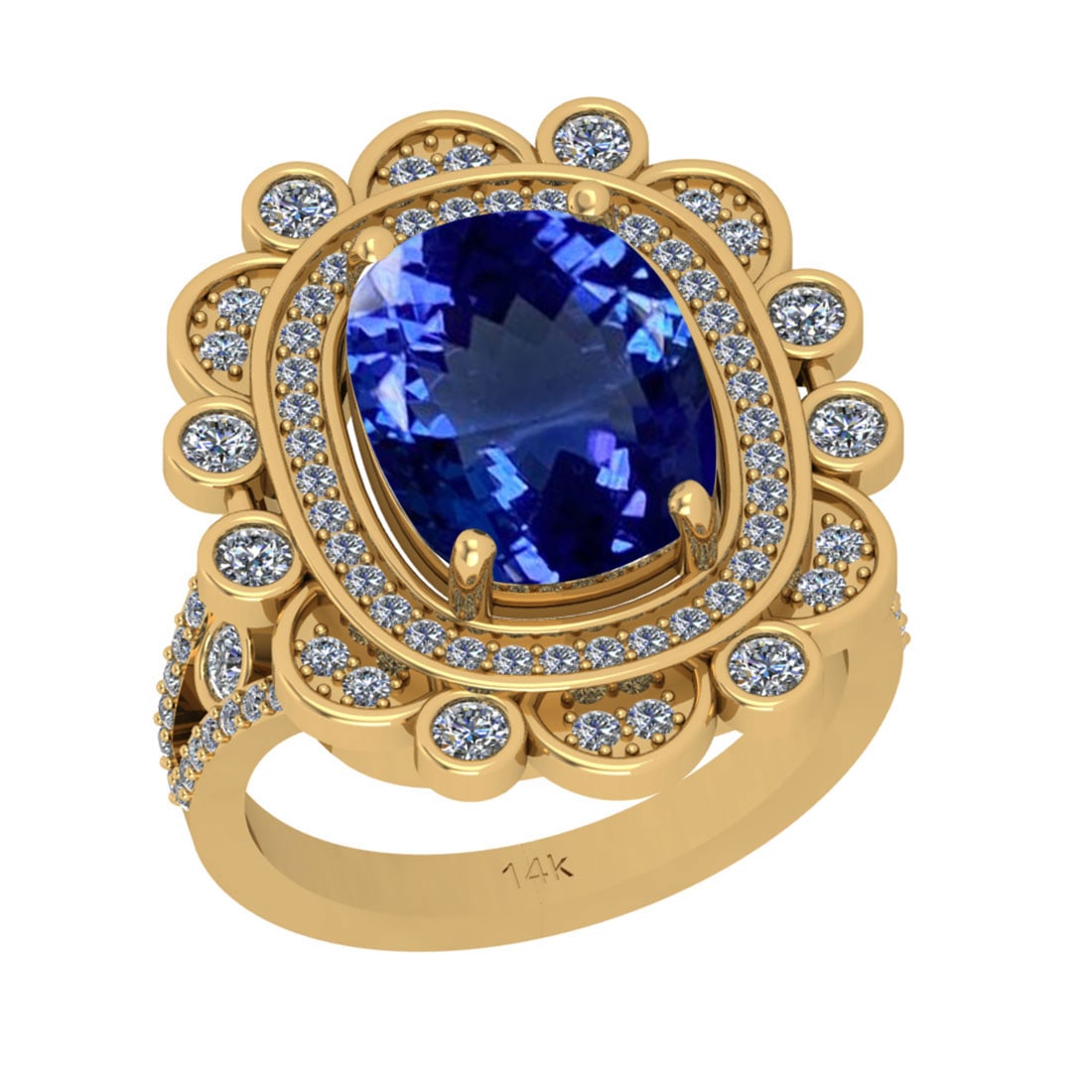 6.71 Ctw VS/SI1 Tanzanite And Diamond 18k Yellow Gold Cocktail Ring: Center Stone Weight : 5.86 Ctw (Cushion Cut ) Center Stone Color : Tanzanite Stone Setting : Prong Side Stone Weight Of Ctw 0.85 Ctw Side Stone Color : J-K Stone Clarity : VS/SI1 Stone Setting : Prong