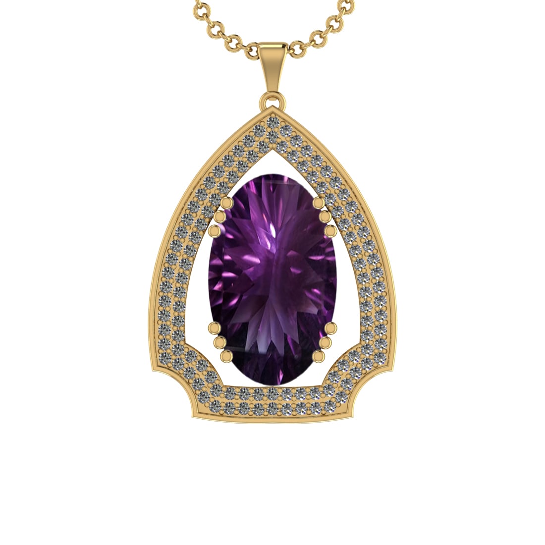 63.50 Ctw VS/SI1 Amethyst and Diamond Prong Set 14k Yellow Gold Pendant (AL: Center Stone Weight : 61.28 Ctw ( Oval Cut) Center Stone Color :-Amethyst Setting : Prong Side Weight Of Ctw 2.22 Ctw Color : J-K Clarity : VS/SI1 Stone Setting : Prong Metal Weight : Approx 16.70 gra