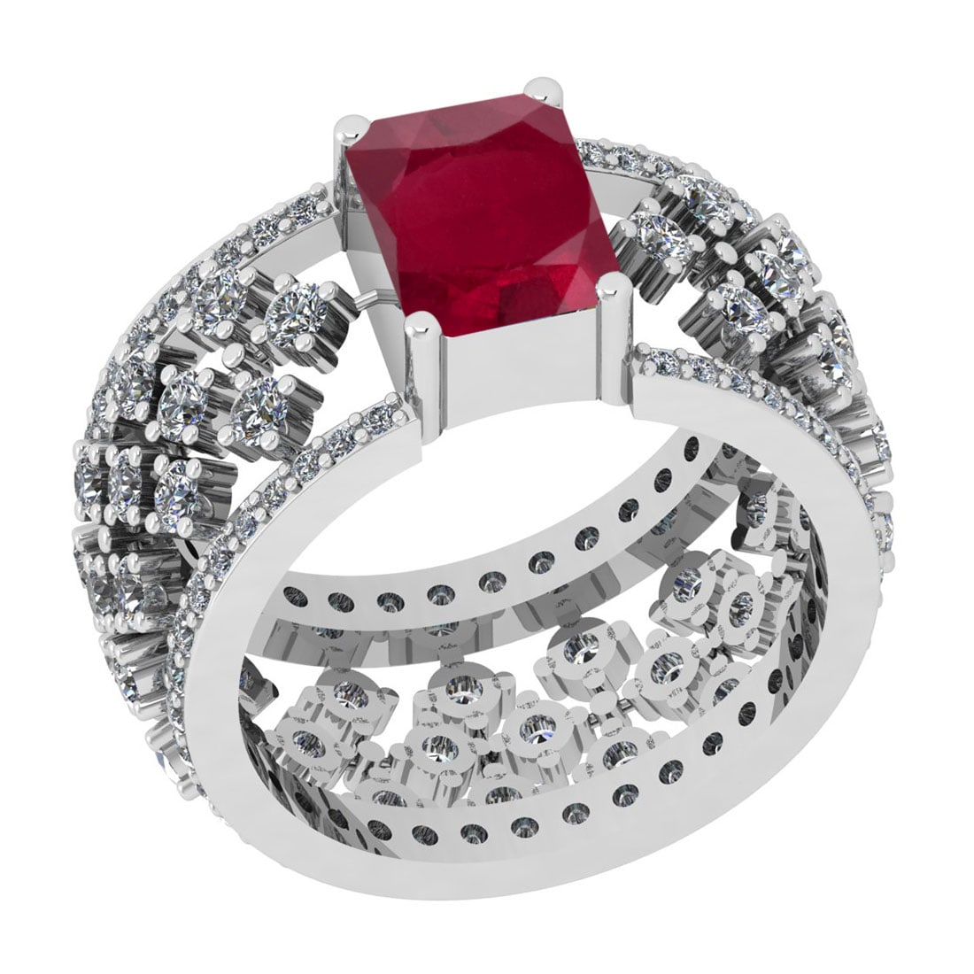 1.22 Ctw VS/SI1 Ruby And Diamond 14K White Gold Engagement Halo Ring: Center Stone Weight : 0.50 Ctw (Emerald Cut) Center Stone Color : Ruby Stone Setting : Prong Side Stone Weight Of Ctw 0.72 Ctw Side Stone Color : J-K Stone Clarity : VS/SI1 Stone Setting : Prong Metal
