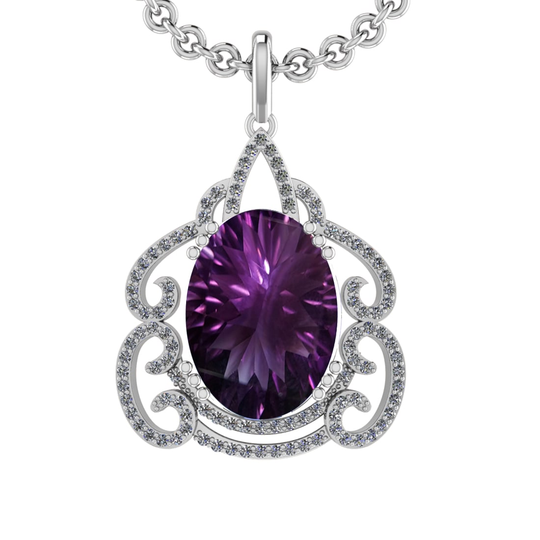 21.77 Ctw VS/SI1 Amethyst and Diamond 14K White Gold Pendant: Center Stone Weight : 20.97 Ctw ( Oval Cut) Center Stone Color :-Amethyst Setting : Prong Side Weight Of Ctw 0.80 Ctw Color : J-K Clarity : VS/SI1 Stone Setting : Prong Metal Weight : Approx 6.80 gram