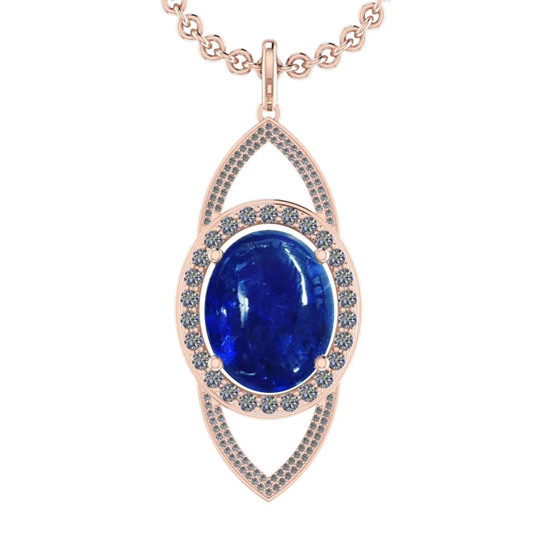 22.50 Ctw VS/SI1 Tanzanite and Diamond 14K Rose Gold Pendant: Center Stone Weight : 20.84 Ctw ( Oval Cab) Center Stone Color :-Tanzanite Setting : Prong Side Weight Of Ctw 1.66 Ctw Color : J-K Clarity :VS/SI1 Stone Setting : Prong Metal Weight : Approx 11.90 gra