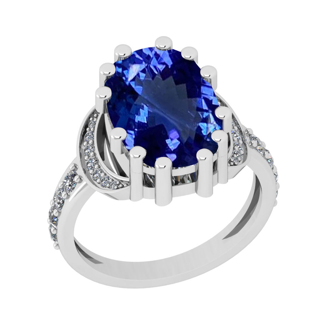 7.00 Ctw VS/SI1 Tanzanite And Diamond 18k White Gold Cocktail Ring: Center Stone Weight : 6.61 Ctw (Cushion Cut ) Center Stone Color : Tanzanite Stone Setting : Prong Side Stone Weight Of Ctw 0.39 Ctw Side Stone Color : J-K Stone Clarity : VS/SI1 Stone Setting : Prong