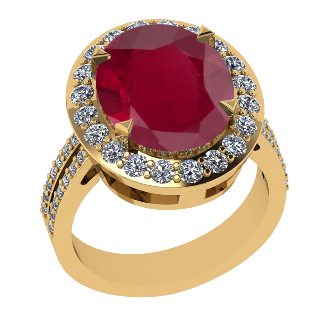 5.55 Ctw VS/SI1 Ruby And Diamond 14K Yellow Gold Engagement Ring: Center Stone Weight : 5.10 Ctw (Oval Cut ) Center Stone Color : Ruby Stone Setting : Prong Side Diamond Weight Of Ctw 0.45 Ctw Side Stone Color : G-H Stone Clarity : VS/SI1 Stone Setting : Prong Metal