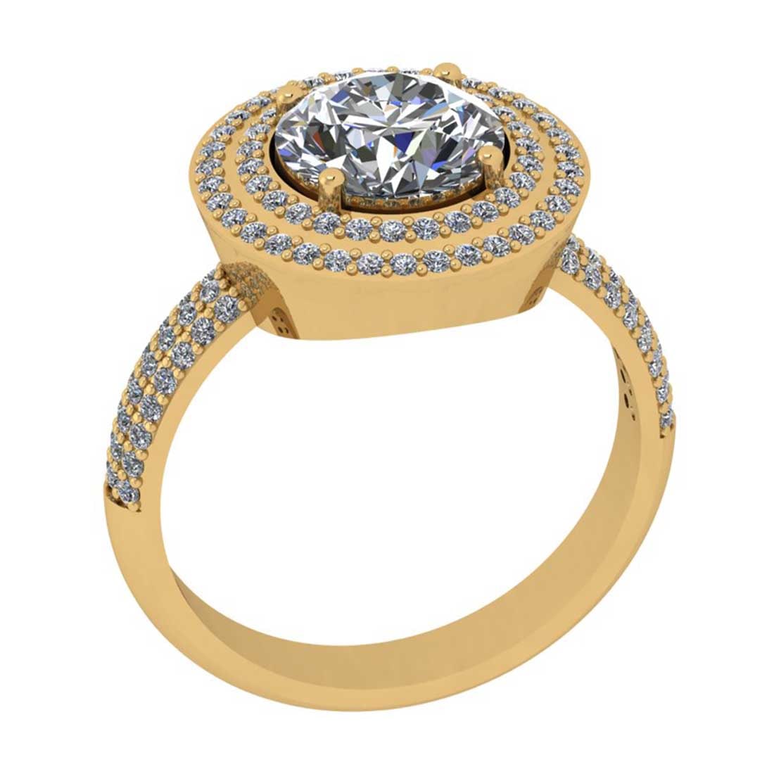 3.04 Ctw SI2/I1 Diamond Style Prong Set 18K Yellow Gold Engagement Halo Rin: Center Diamond Weight : 2.50 Ctw ( Round Cut) Center Diamond Color : G-H Center Stone Setting : Prong Center Stone Clarity : SI2/I1 Side Stone Weight Of Ctw 0.54 Ctw Side Stone Color : G-H Stone Clari