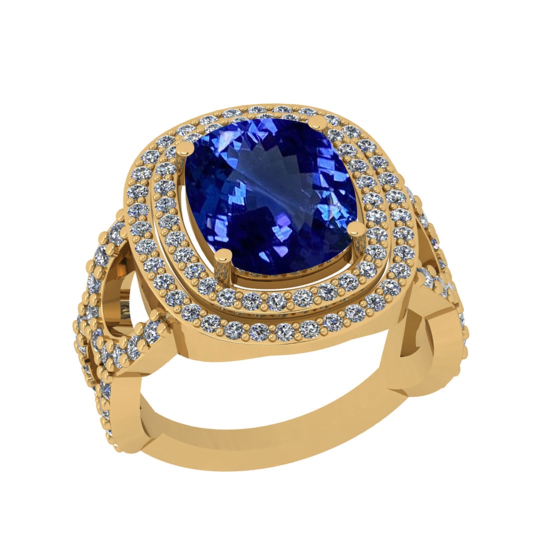 5.90 Ctw VS/SI1 Tanzanite And Diamond 18k Yellow Gold Cocktail Ring: Center Stone Weight : 4.82 Ctw (Cushion Cut ) Center Stone Color : Tanzanite Stone Setting : Prong Side Stone Weight Of Ctw 1.08 Ctw Side Stone Color : J-K Stone Clarity : VS/SI1 Stone Setting : Prong