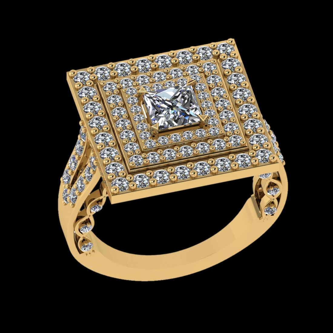 2.52 Ctw VS/SI1 Diamond Prong Set 18K Yellow Gold Engagement Ring: Center Diamond Weight :-0.75 Ctw ( Princess Cut) Color :- G-H Clarity : VS/SI1 Center Stone Setting : Prong Side Diamond Weight Of Ctw 1.77 Ctw Color : G-H Clarity : VS/SI1 Stone Setting : Prong Metal