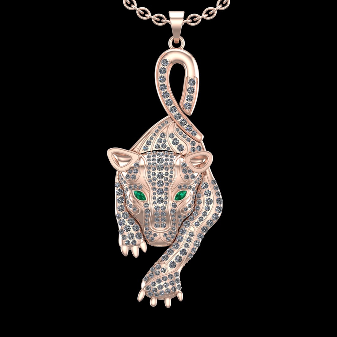 3.80 Ctw VS/SI1 Diamond Prong Set 18K Rose Gold Animal theme Lion Necklace: Eye stone weight :-0.30 ctw Eye stone Color :- Emerald ( Marquise cut ) Total Diamond Weight : 3.50 Ctw (Round cut) Center Diamond Color :- G-H Center Clarity : VS/SI1 Stone Setting : Prong Metal