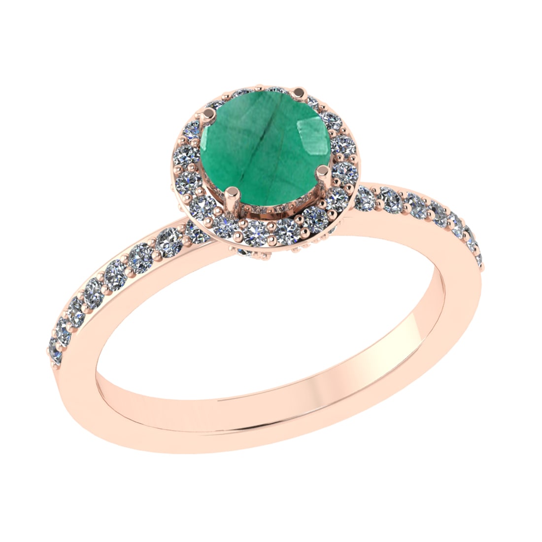 1.59 Ctw VS/SI1 Emerald and Diamond 14k Rose Gold Engagement Ring: Center Stone Weight :-0.84 Ctw ( Round Cut) Center Stone Color :-Emerald Center Stone Setting : Prong Side Diamond Weight Of Ctw :- 0.75 Ctw Color : J-K Clarity : VS/SI1 Daimond Setting : Prong Metal
