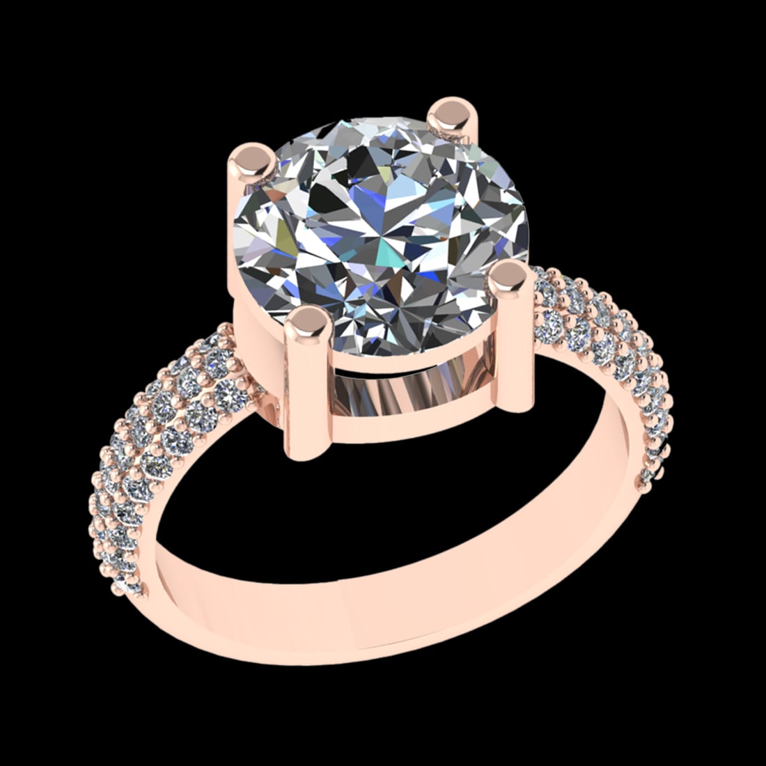 4.30 Ctw VS/SI1 Diamond Prong Set 18k Rose Gold Engagement Ring (ALL DIAMON: Center Daimond Weight :-3.87 Ctw (Round Cut) Color : G-H Clarity : VS/SI1 Side Diamond Weight Of Ctw 0.43 Ctw Color : G-H Clarity : VS/SI1 Daimond Setting : Prong Metal Weight : Approx 5.45 gram 18k R