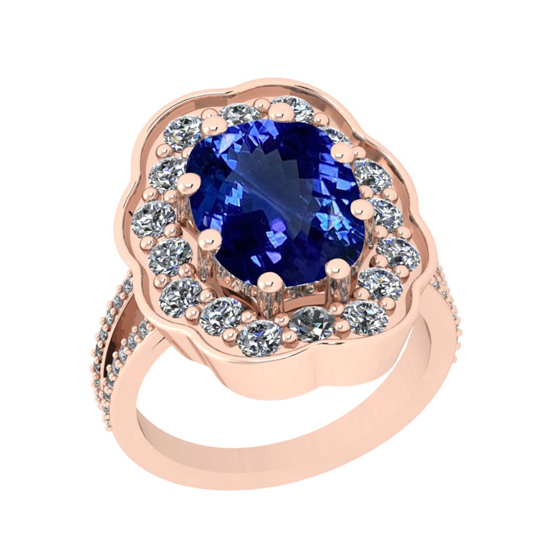 6.17 Ctw VS/SI1 Tanzanite And Diamond 18k Rose Gold Cocktail Ring: Center Stone Weight : 4.74 Ctw (Cushion Cut ) Center Stone Color : Tanzanite Stone Setting : Prong Side Stone Weight Of Ctw 1.43 Ctw Side Stone Color : J-K Stone Clarity : VS/SI1 Stone Setting : Prong