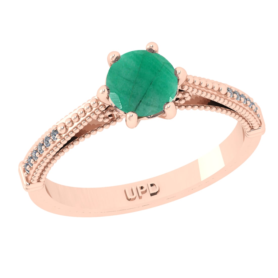 0.90 Ctw VS/SI1 Emerald and Diamond 14k Rose Gold Engagement Ring (ALL DIAM: Center Stone Weight :-0.84 Ctw ( Round Cut) Center Stone Color :-Emerald Center Stone Setting : Prong Side Diamond Weight Of Ctw :- 0.06 Ctw Color : J-K Clarity : VS/SI1 Daimond Setting : Prong Metal