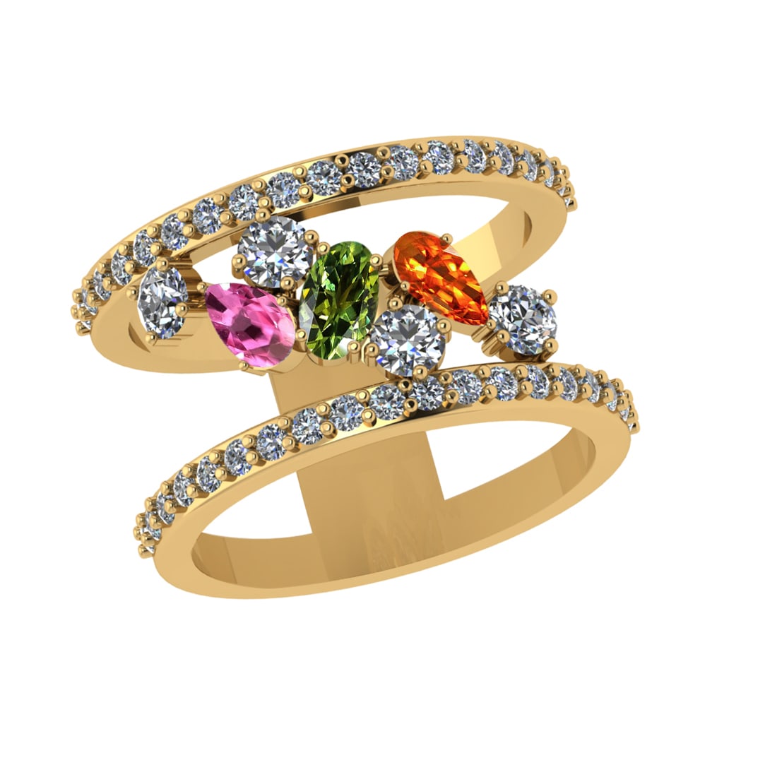1.72 Ctw VS/SI1 Multi Sapphire and Diamond 14k Yellow Gold Engagement Ring: Multi Stone Weight :-0.71 Ctw ( Oval & Pear Cut) Multi Stone Color :- Pink,Green,Orange Sapphire Center Stone Setting : Prong Side Diamond Weight Of Ctw :- 1.01 Ctw Color : F-G Clarity : VS/SI1 Daimon