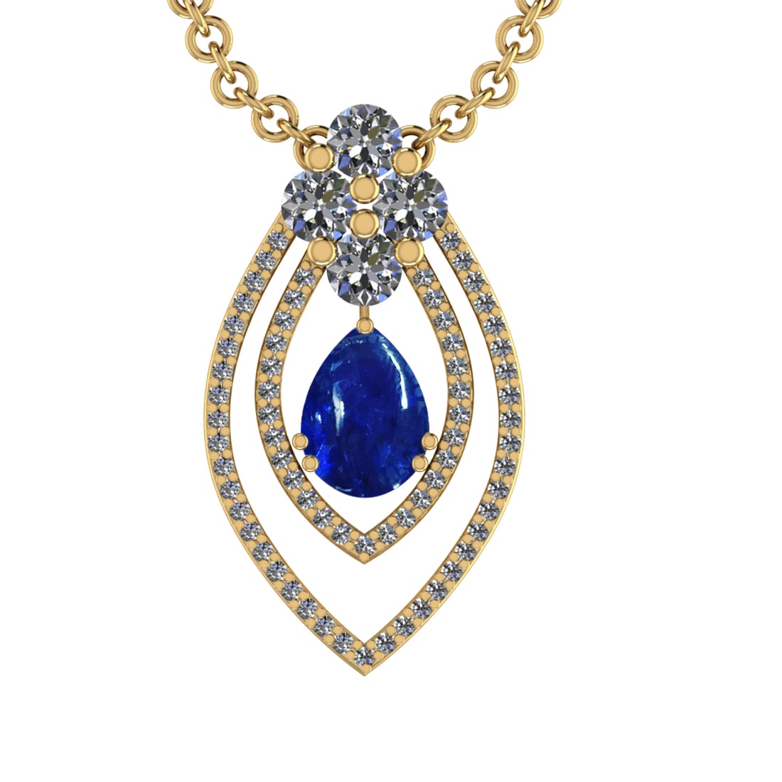 24.05 Ctw VS/SI1 Tanzanite and Diamond Prong Set 14K Yellow Gold Pendant (A: Color Stone Weight : 20.25 Ctw (Pear Cab) Stone Color :- Tanzanite Center Stone Setting : Prong Side Weight Of Ctw 3.80 Ctw Color : J-K Clarity : VS/SI1 Stone Setting : Prong Metal Weight : Approx