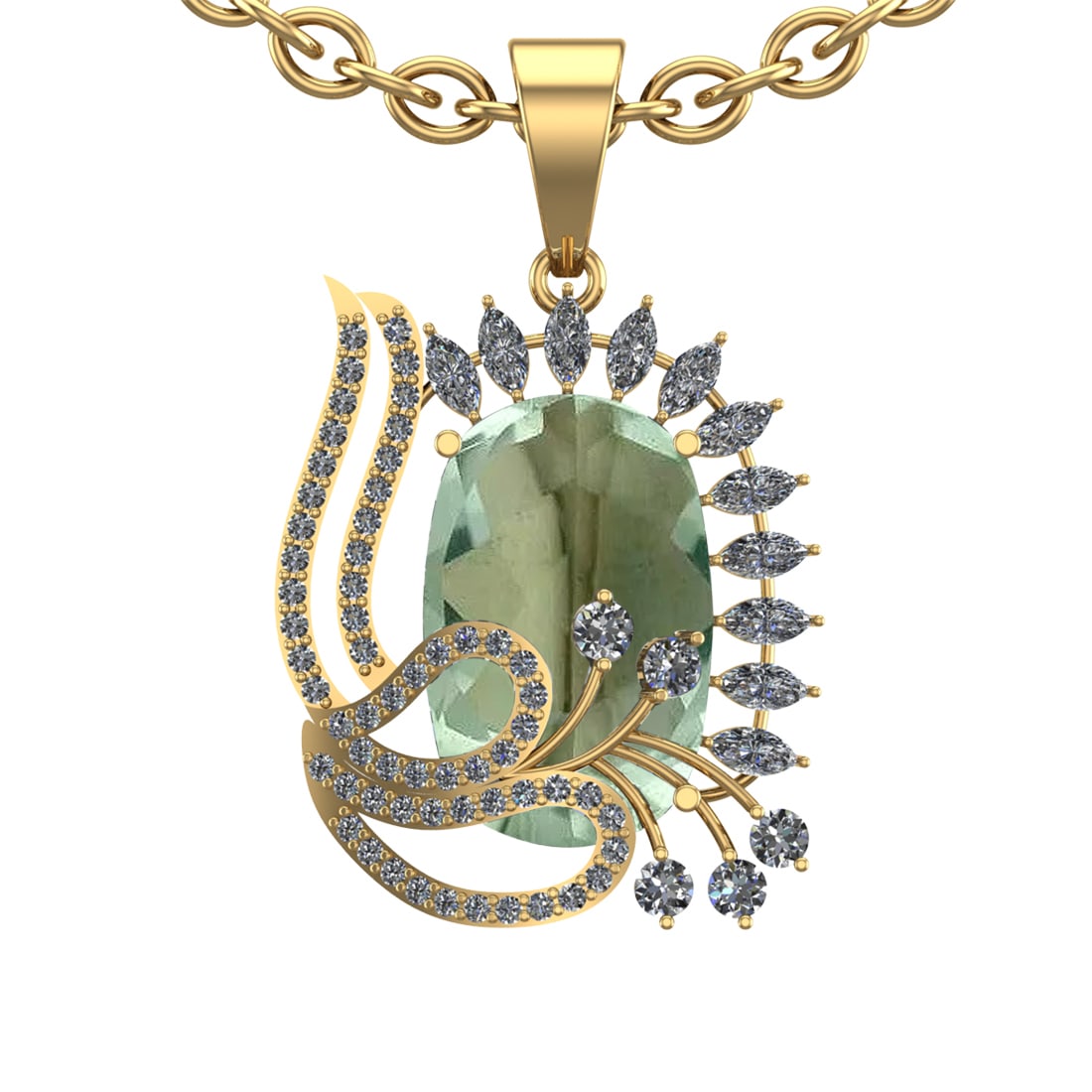 20.43 Ctw I2/I3 Green Amethyst And Diamond 10K Yellow Gold Necklace(ALL DIA: Center Stone Weight : 18.52 Ctw ( Cushion Cut ) Center Stone Color : Green Amethyst Stone Setting : Prong Side Diamond Weight Of Ctw 1.91 Ctw Side Stone Color : J-K Stone Clarity : I2/I3 Stone
